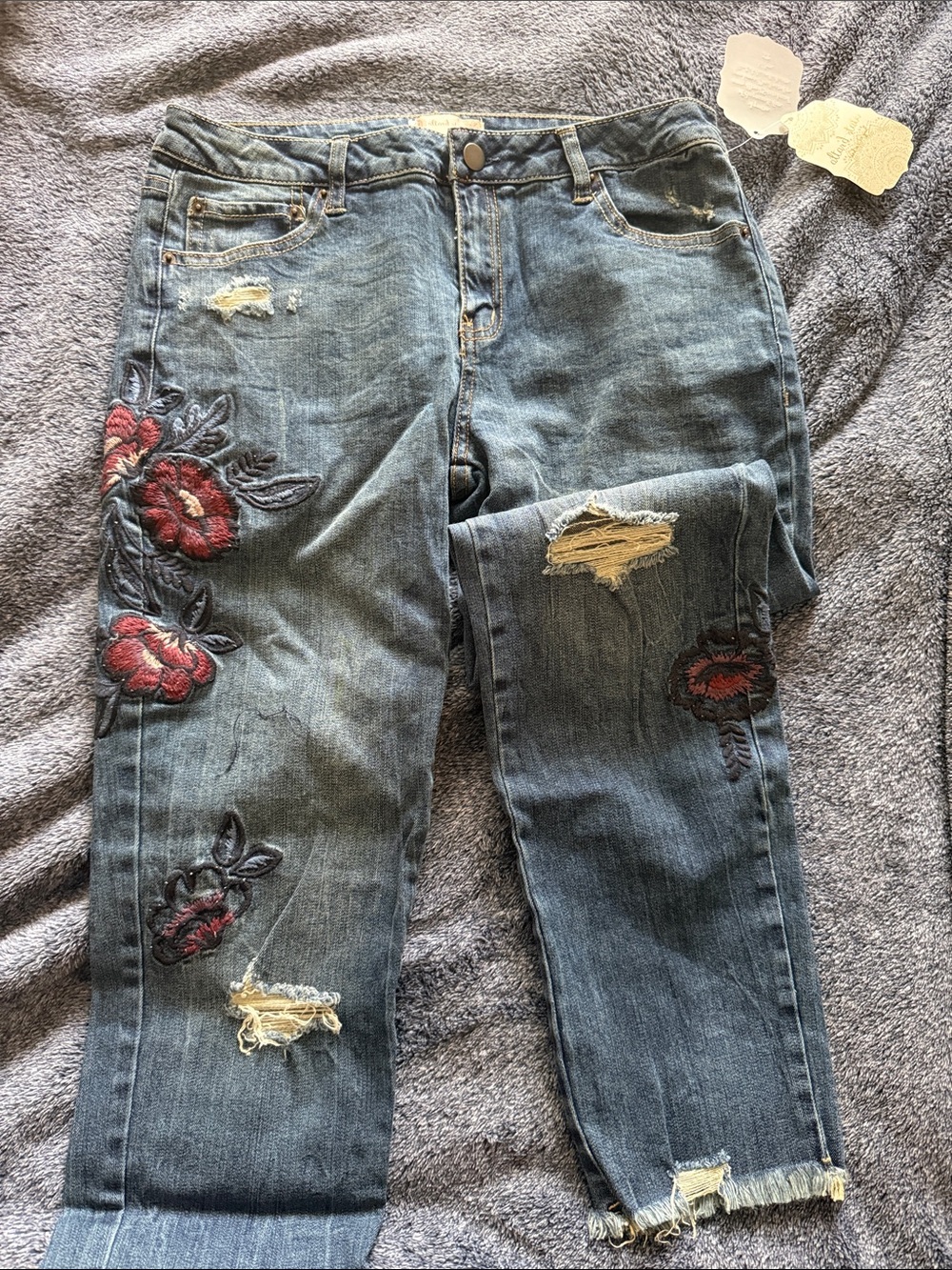 Altar'd State Blue Distressed Jeans with Red Floral Embroidery